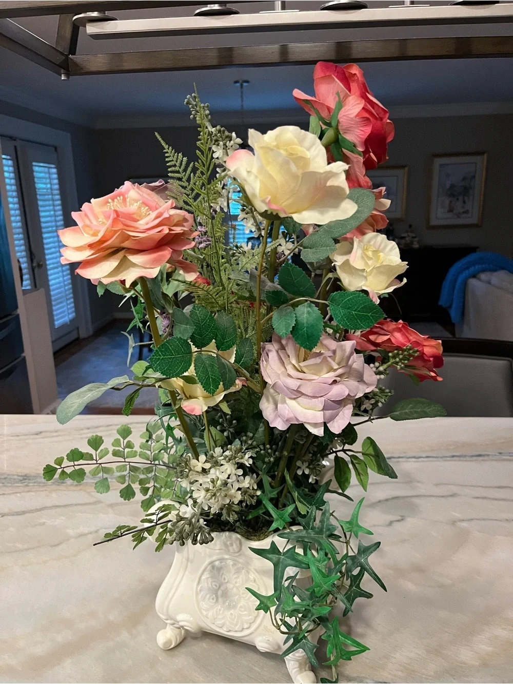 Cream Ceramic Planter with Pink, Cream & mauve silk Roses